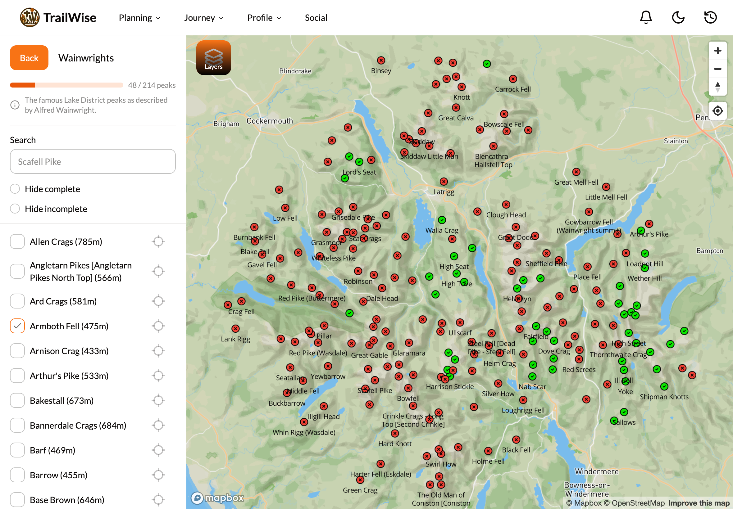 Screenshot of the trailwise.io dashboard, with a map in centre and lists of hill groups to the side.